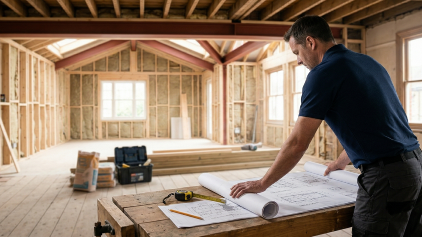 AB Joinery project manager reviewing architectural plans for a structural house extension in the North West.
