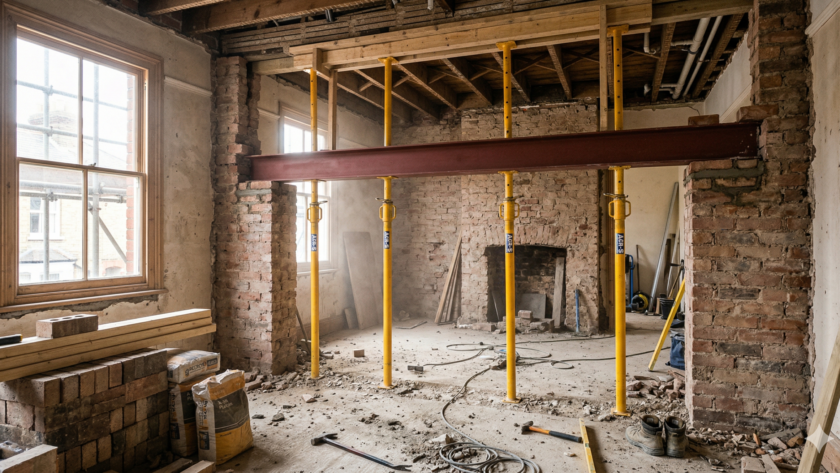 Heavy steel RSJ beam installation during a load-bearing wall knock-through in a North West property.