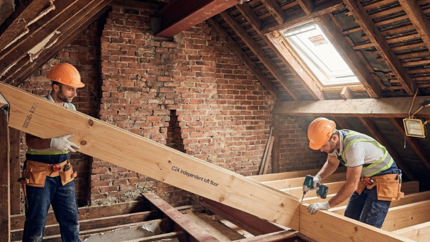 Heavy steel beams and independent timber floor joists installed for a loft conversion in the North West.