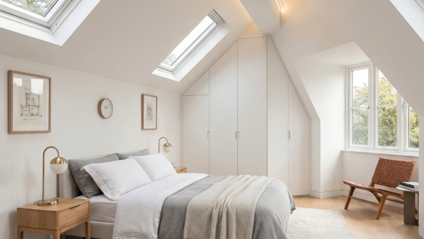 Completed luxury dormer loft conversion featuring Velux windows and bespoke joinery in Greater Manchester.