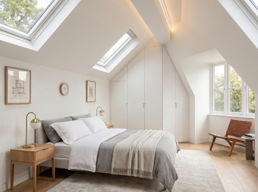 Completed luxury dormer loft conversion featuring Velux windows and bespoke joinery in Greater Manchester.
