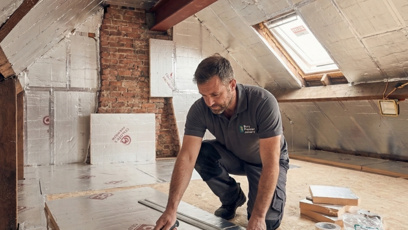 AB Joinery master craftsmen installing high-performance thermal PIR insulation in a new loft space.